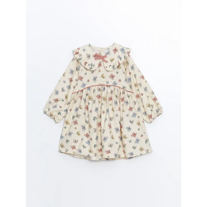 LCW Kids Ekru Uzun Kollu Baskılı Kız Çocuk  Elbise