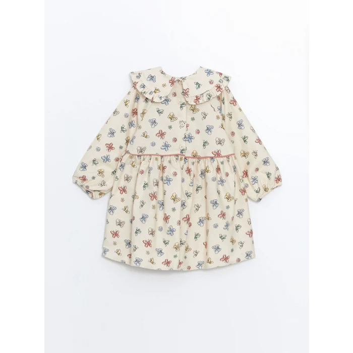 LCW Kids Ekru Uzun Kollu Baskılı Kız Çocuk  Elbise