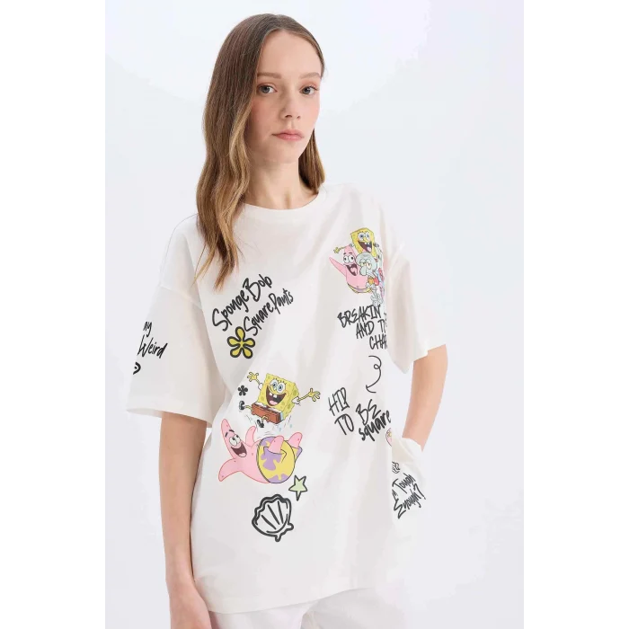 Defacto D9124 Beyaz Coool SpongeBob Oversize Geniş Kalıp Bisiklet Yaka Kısa Kollu Tişört