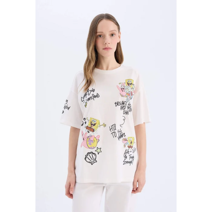 Defacto D9124 Beyaz Coool SpongeBob Oversize Geniş Kalıp Bisiklet Yaka Kısa Kollu Tişört
