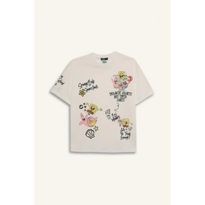 Defacto D9124 Beyaz Coool SpongeBob Oversize Geniş Kalıp Bisiklet Yaka Kısa Kollu Tişört