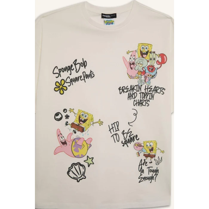 Defacto D9124 Beyaz Coool SpongeBob Oversize Geniş Kalıp Bisiklet Yaka Kısa Kollu Tişört