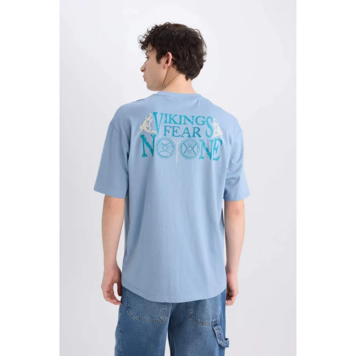 Defacto E0434 Mavi %100 Pamuk Vikings Valhalla Boxy Fit Bisiklet Yaka Sırt Baskılı Kısa Kollu Tişört