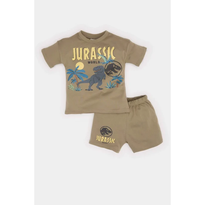 Defacto E6922 Haki Erkek Bebek Jurassic World 2li Takım Kısa Kollu Tişört Beli Lastikli Şort