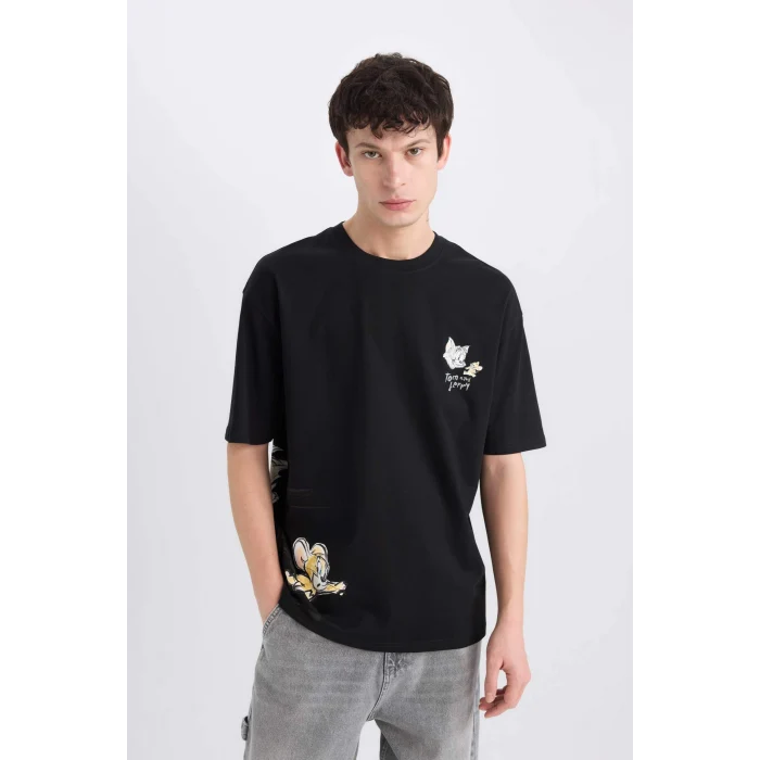 Defacto C1527 Siyah %100 Pamuk Tom & Jerry Oversize Geniş Kalıp Bisiklet Yaka Sırt Baskılı Kısa Kollu Tişört