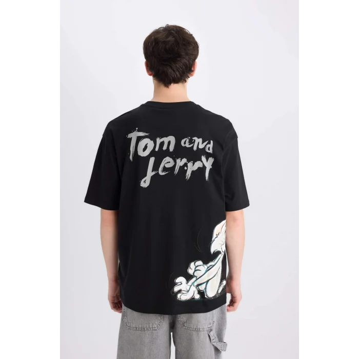 Defacto C1527 Siyah %100 Pamuk Tom & Jerry Oversize Geniş Kalıp Bisiklet Yaka Sırt Baskılı Kısa Kollu Tişört