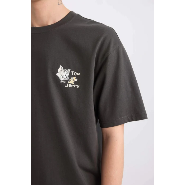 Defacto E0617 Antrasit %100 Pamuk Tom & Jerry Boxy Fit Bisiklet Yaka Sırt Baskılı Kısa Kollu Tişört