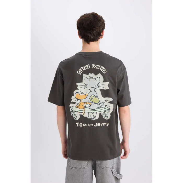 Defacto E0617 Antrasit %100 Pamuk Tom & Jerry Boxy Fit Bisiklet Yaka Sırt Baskılı Kısa Kollu Tişört