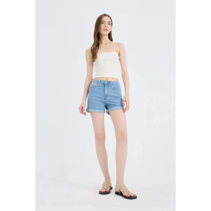 Defacto A1959 Mavi Normal Bel Katlamalı Paça Jean Şort