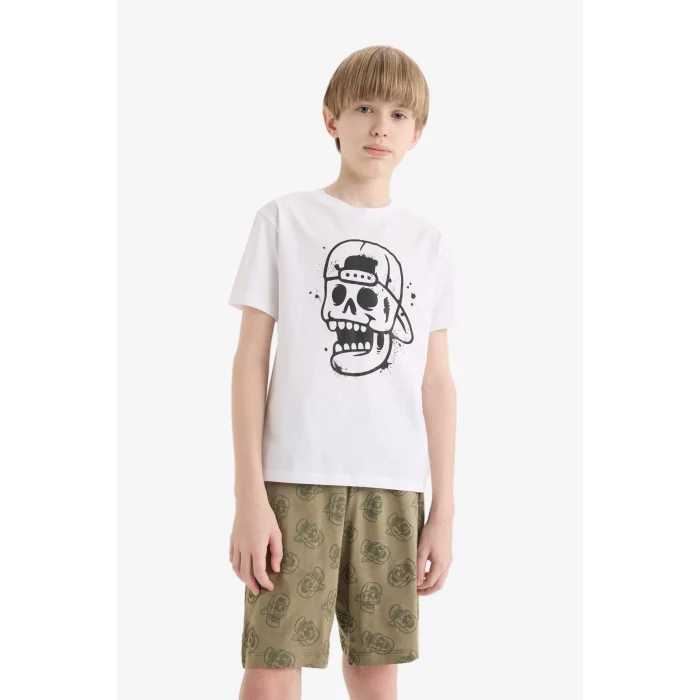 Defacto E0019 Beyaz Erkek Çocuk Pijama Takımı Baskılı Kısa Kollu Üst Beli Lastikli Şort