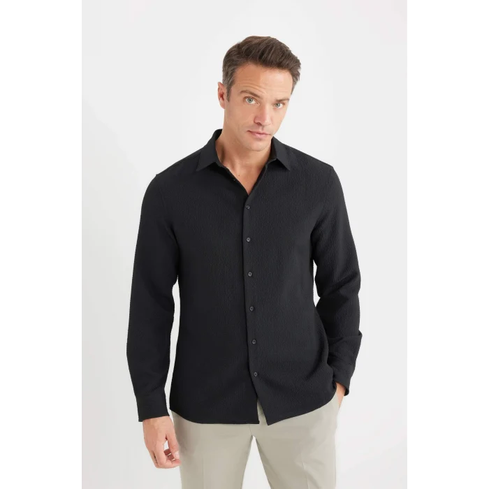 Defacto D7246 Siyah Modern Fit Polo Yaka Dokulu Esnek Kumaş Uzun Kollu Gömlek