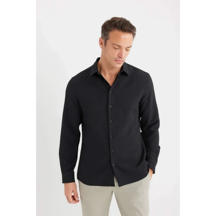 Defacto D7246 Siyah Modern Fit Polo Yaka Dokulu Esnek Kumaş Uzun Kollu Gömlek