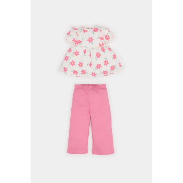 Defacto E8441 Ekru Kız Bebek 2li Takım Çiçekli Kısa Kollu Bluz Beli Lastikli Pantolon