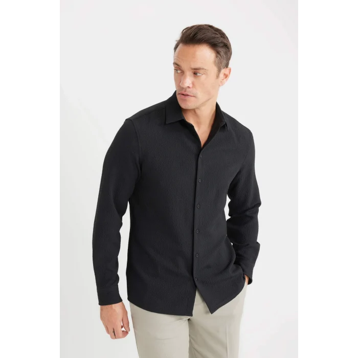 Defacto D7246 Siyah Modern Fit Polo Yaka Dokulu Esnek Kumaş Uzun Kollu Gömlek