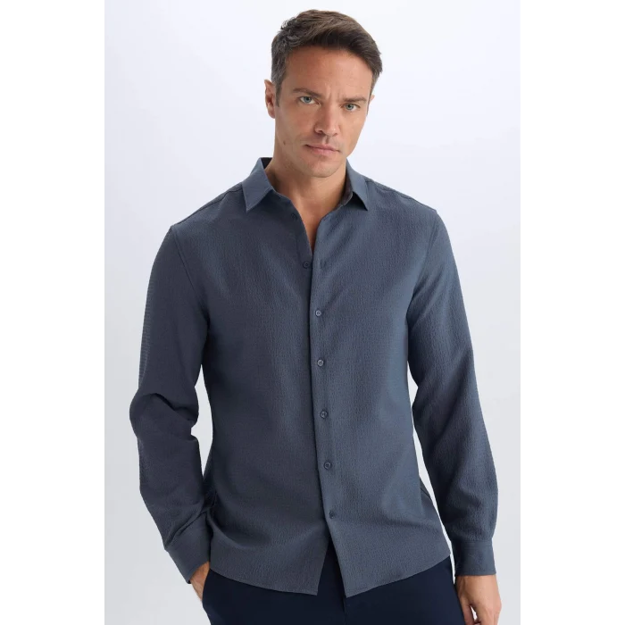 Defacto D7246 Gri Modern Fit Polo Yaka Dokuma Uzun Kollu Gömlek