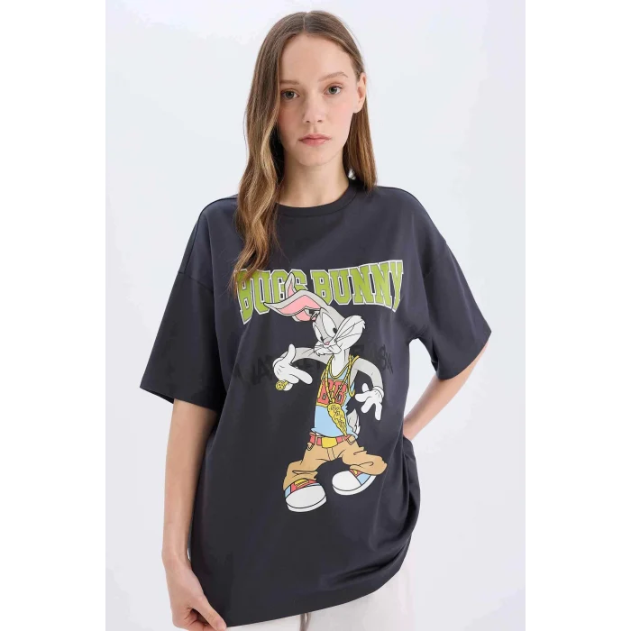 Defacto D9129 Antrasit Coool Looney Tunes Oversize Geniş Kalıp Bisiklet Yaka Baskılı Kısa Kollu Tişört