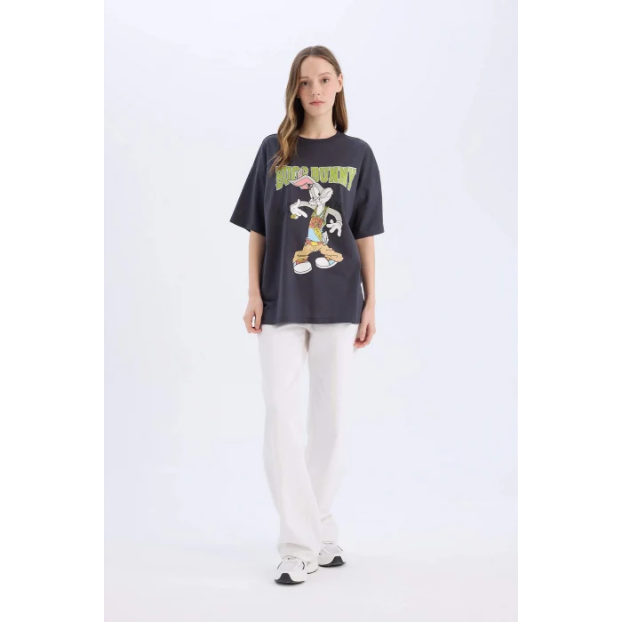 Defacto D9129 Antrasit Coool Looney Tunes Oversize Geniş Kalıp Bisiklet Yaka Baskılı Kısa Kollu Tişört
