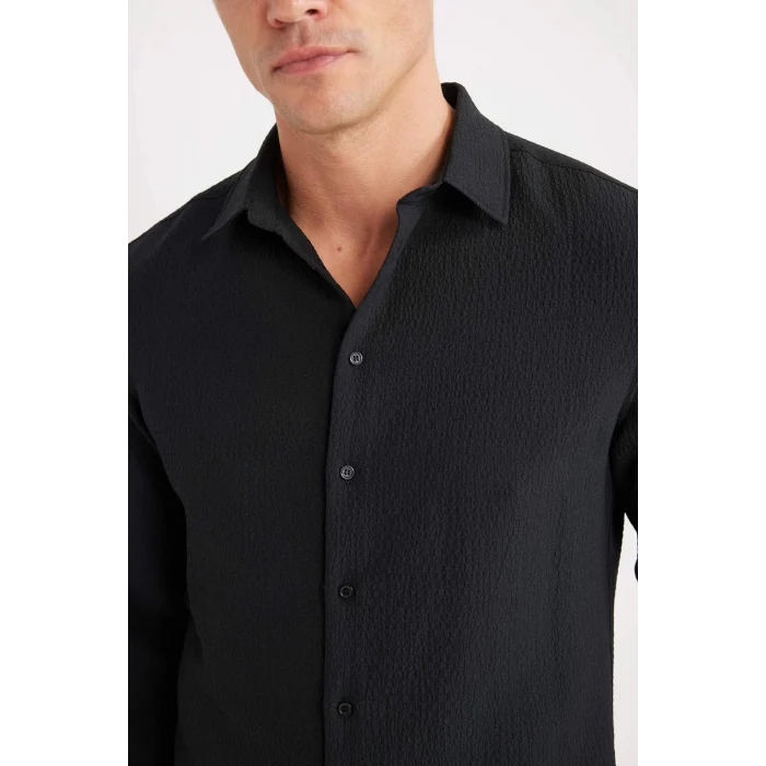 Defacto D7246 Siyah Modern Fit Polo Yaka Dokulu Esnek Kumaş Uzun Kollu Gömlek