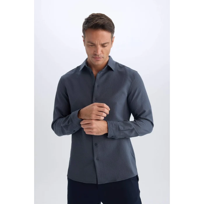 Defacto D7246 Gri Modern Fit Polo Yaka Dokuma Uzun Kollu Gömlek