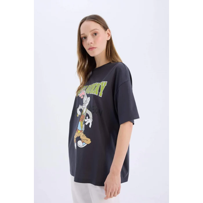 Defacto D9129 Antrasit Coool Looney Tunes Oversize Geniş Kalıp Bisiklet Yaka Baskılı Kısa Kollu Tişört