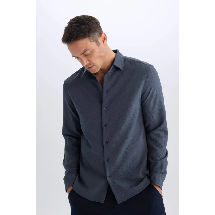 Defacto D7246 Gri Modern Fit Polo Yaka Dokuma Uzun Kollu Gömlek