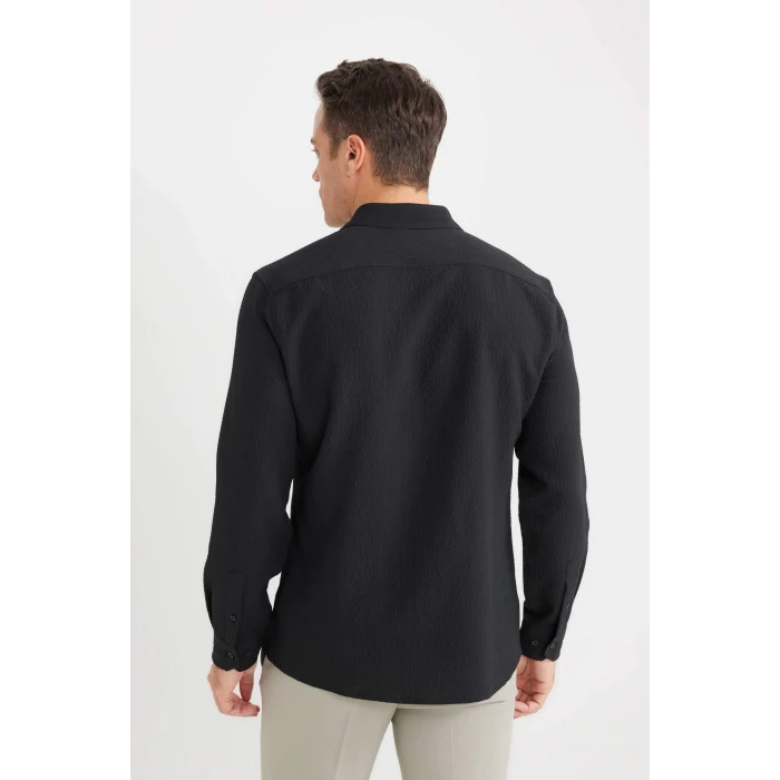 Defacto D7246 Siyah Modern Fit Polo Yaka Dokulu Esnek Kumaş Uzun Kollu Gömlek