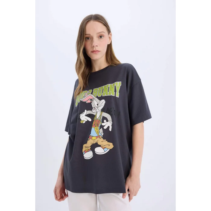 Defacto D9129 Antrasit Coool Looney Tunes Oversize Geniş Kalıp Bisiklet Yaka Baskılı Kısa Kollu Tişört