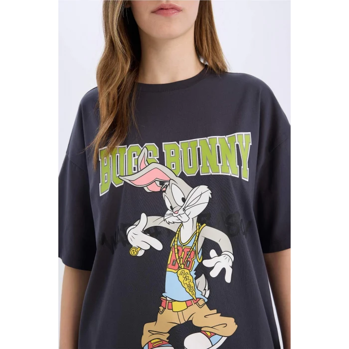 Defacto D9129 Antrasit Coool Looney Tunes Oversize Geniş Kalıp Bisiklet Yaka Baskılı Kısa Kollu Tişört