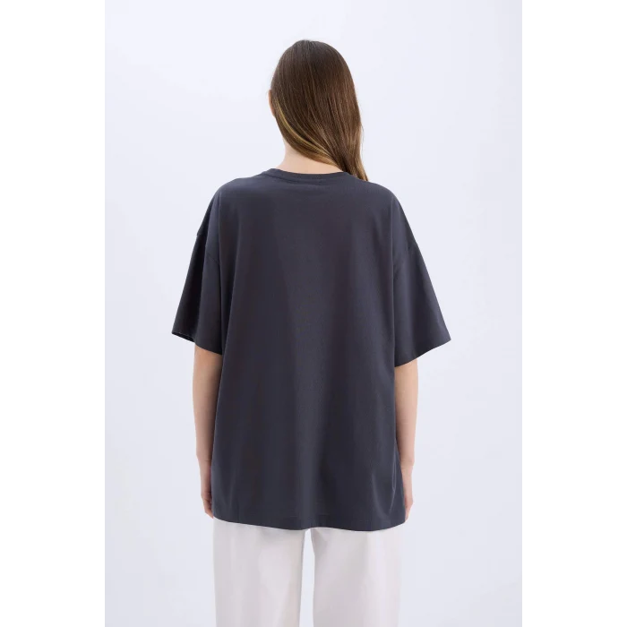 Defacto D9129 Antrasit Coool Looney Tunes Oversize Geniş Kalıp Bisiklet Yaka Baskılı Kısa Kollu Tişört