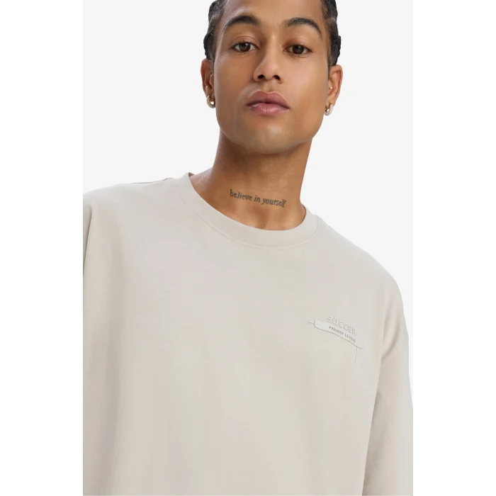 Defacto E2582 Bej DeFactoFit Oversize Geniş Kalıp Bisiklet Yaka Baskılı Sporcu Kısa Kollu Tişört