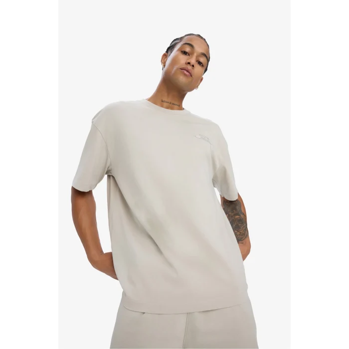 Defacto E2582 Bej DeFactoFit Oversize Geniş Kalıp Bisiklet Yaka Baskılı Sporcu Kısa Kollu Tişört