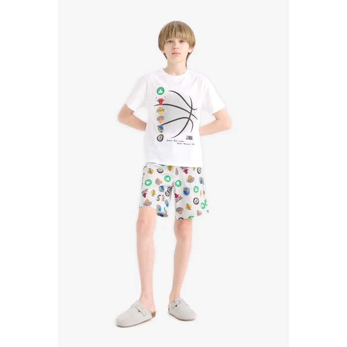 Defacto E2700 Beyaz Erkek Çocuk NBA Current Teams Pijama Takımı Kısa Kollu Üst Şort