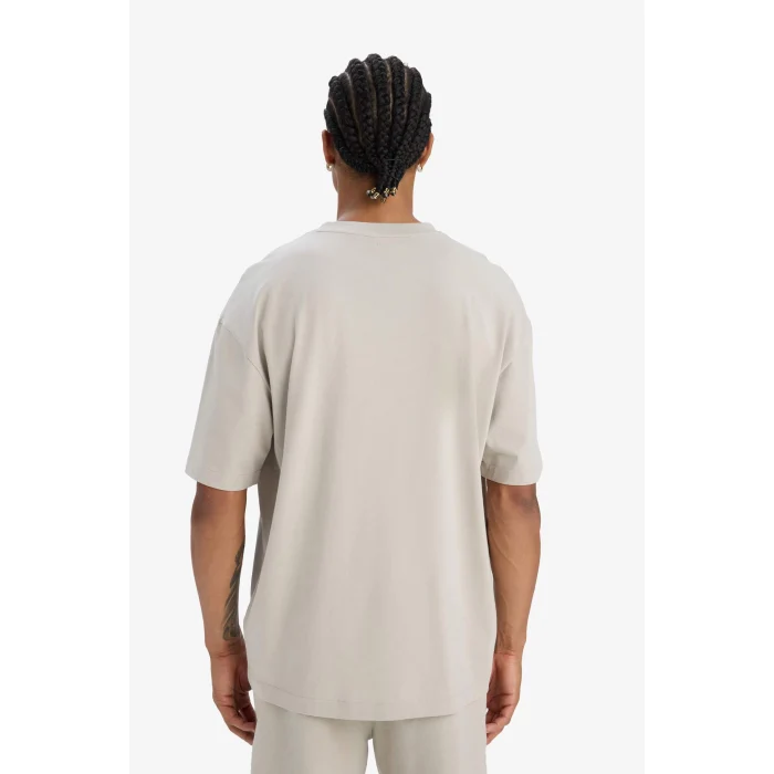 Defacto E2582 Bej DeFactoFit Oversize Geniş Kalıp Bisiklet Yaka Baskılı Sporcu Kısa Kollu Tişört