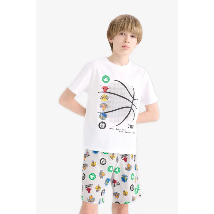Defacto E2700 Beyaz Erkek Çocuk NBA Current Teams Pijama Takımı Kısa Kollu Üst Şort