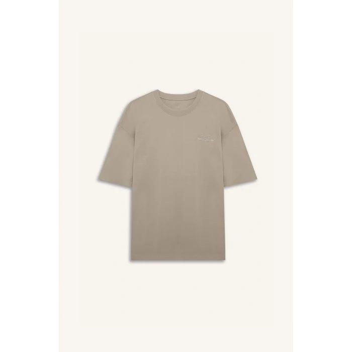 Defacto E2582 Bej DeFactoFit Oversize Geniş Kalıp Bisiklet Yaka Baskılı Sporcu Kısa Kollu Tişört