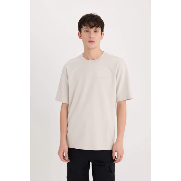 Defacto D5507 Gri Boxy Fit Bisiklet Yaka Ütü Gerektirmeyen Nefes Alabilen Baskılı Kısa Kollu Ağır Kumaş Tişört