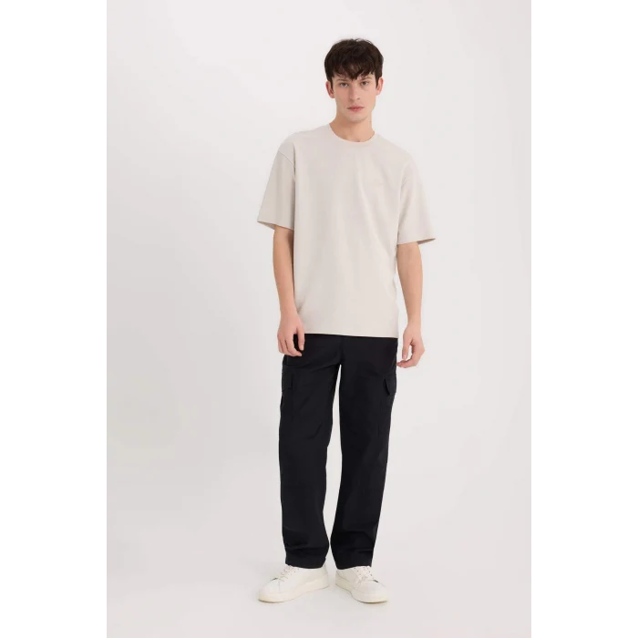 Defacto D5507 Gri Boxy Fit Bisiklet Yaka Ütü Gerektirmeyen Nefes Alabilen Baskılı Kısa Kollu Ağır Kumaş Tişört