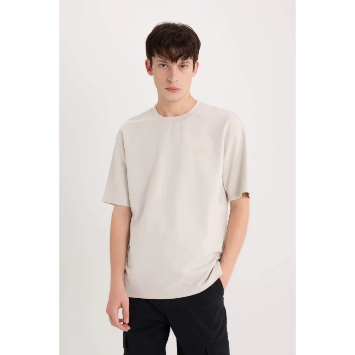 Defacto D5507 Gri Boxy Fit Bisiklet Yaka Ütü Gerektirmeyen Nefes Alabilen Baskılı Kısa Kollu Ağır Kumaş Tişört