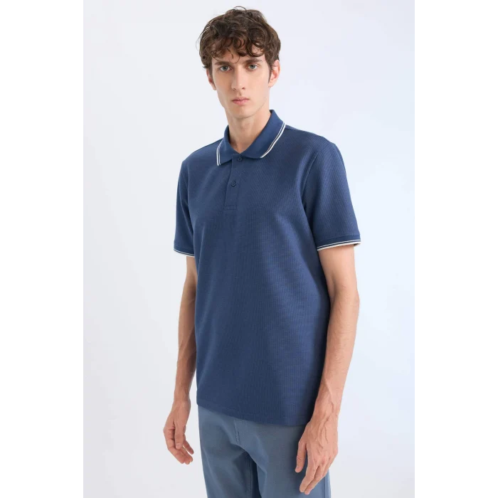 Defacto D7932 İndigo Regular Fit Kısa Kollu Waffle Polo Tişört