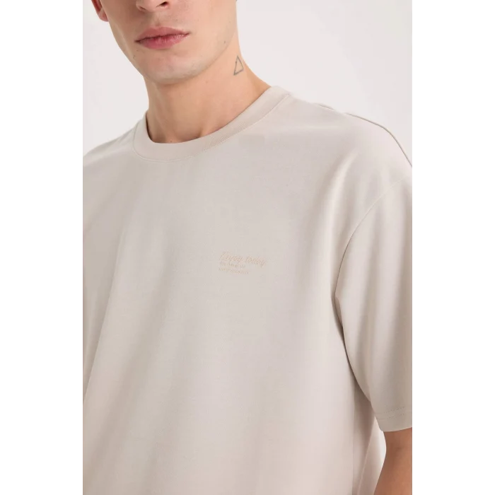 Defacto D5507 Gri Boxy Fit Bisiklet Yaka Ütü Gerektirmeyen Nefes Alabilen Baskılı Kısa Kollu Ağır Kumaş Tişört