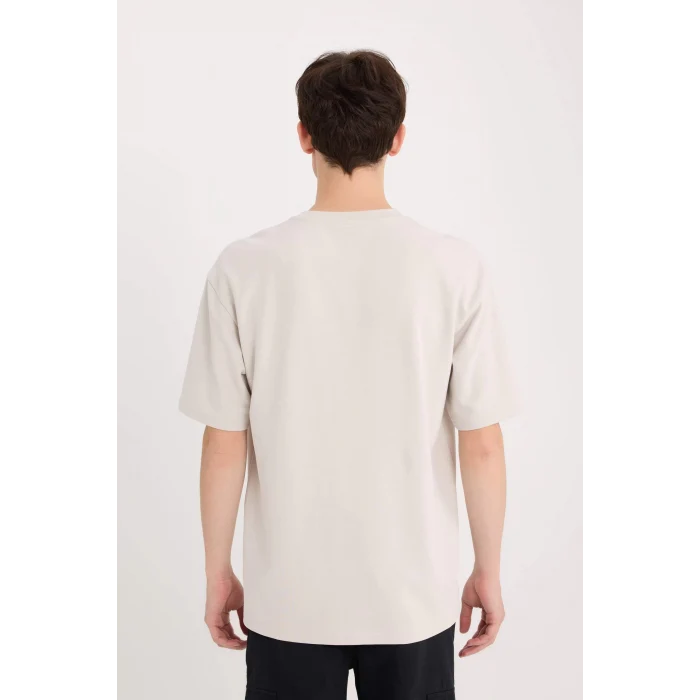 Defacto D5507 Gri Boxy Fit Bisiklet Yaka Ütü Gerektirmeyen Nefes Alabilen Baskılı Kısa Kollu Ağır Kumaş Tişört