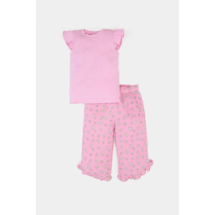 Defacto E7798 Pembe Kız Bebek Krinkıl Viskon 2li Takım Kısa Kollu Tişört Beli Lastikli Çiçekli Pantolon