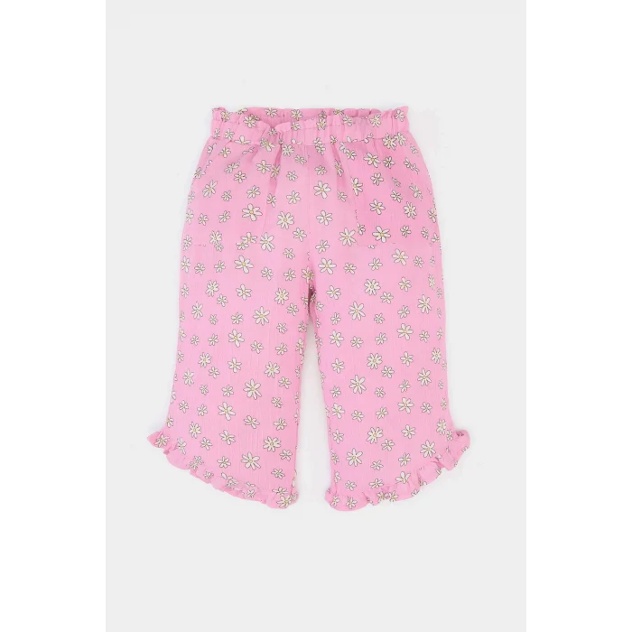 Defacto E7798 Pembe Kız Bebek Krinkıl Viskon 2li Takım Kısa Kollu Tişört Beli Lastikli Çiçekli Pantolon