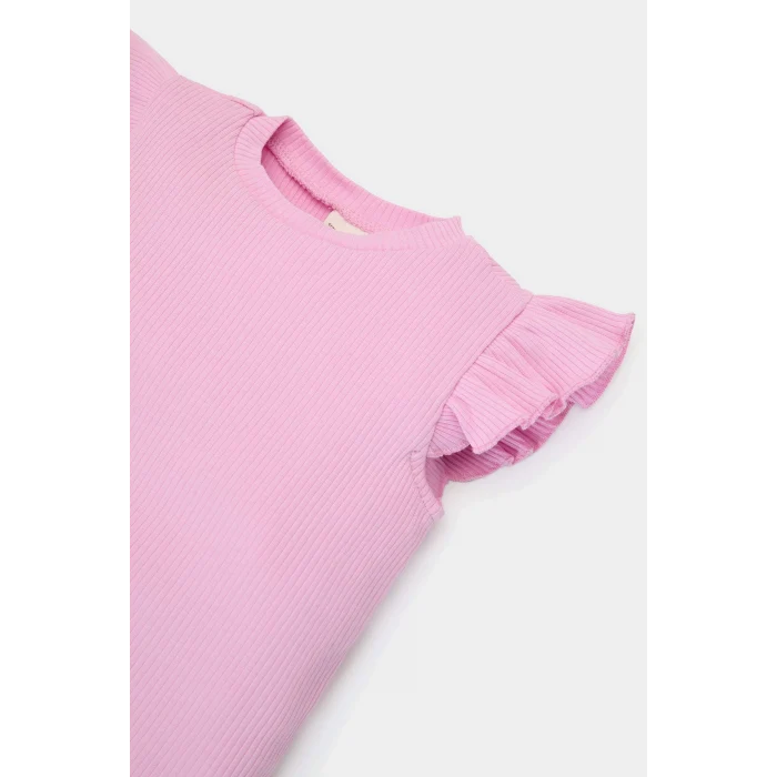 Defacto E7798 Pembe Kız Bebek Krinkıl Viskon 2li Takım Kısa Kollu Tişört Beli Lastikli Çiçekli Pantolon