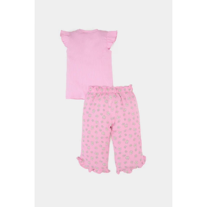 Defacto E7798 Pembe Kız Bebek Krinkıl Viskon 2li Takım Kısa Kollu Tişört Beli Lastikli Çiçekli Pantolon