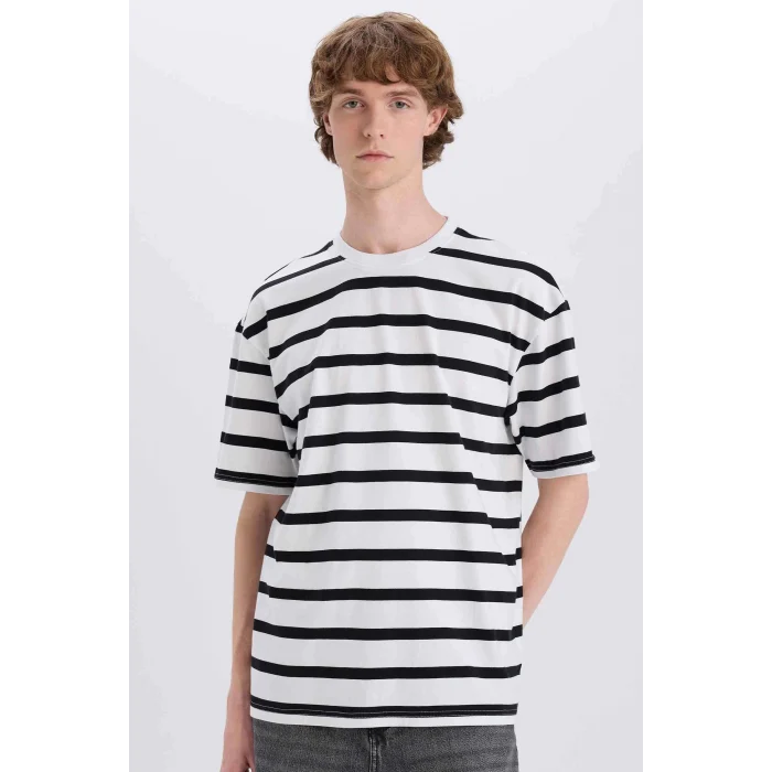 Defacto E1160 Ekru %100 Pamuk Boxy Fit Bisiklet Yaka Çizgili Kısa Kollu Tişört
