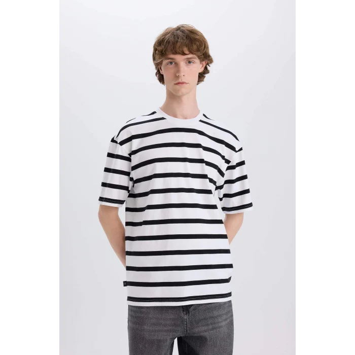 Defacto E1160 Ekru %100 Pamuk Boxy Fit Bisiklet Yaka Çizgili Kısa Kollu Tişört