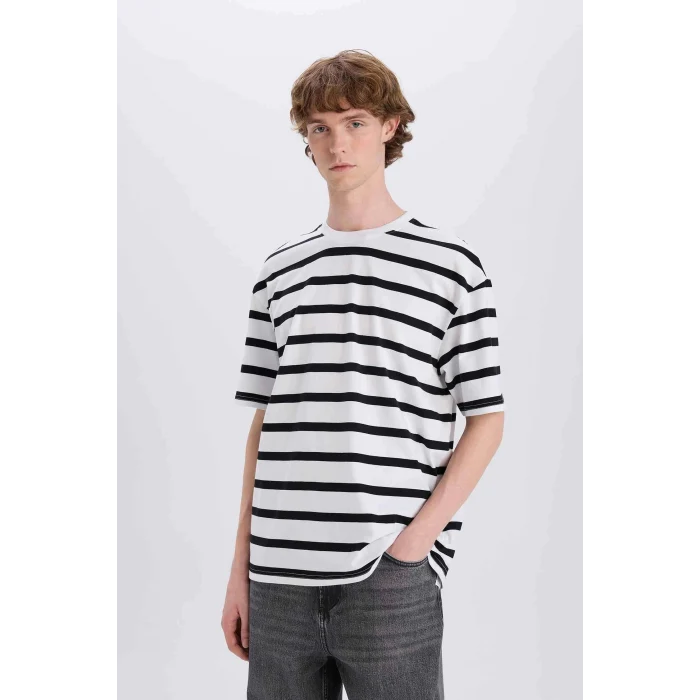 Defacto E1160 Ekru %100 Pamuk Boxy Fit Bisiklet Yaka Çizgili Kısa Kollu Tişört