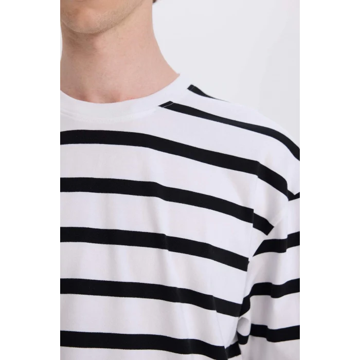 Defacto E1160 Ekru %100 Pamuk Boxy Fit Bisiklet Yaka Çizgili Kısa Kollu Tişört
