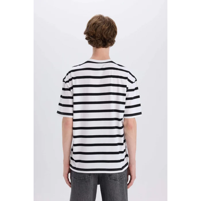 Defacto E1160 Ekru %100 Pamuk Boxy Fit Bisiklet Yaka Çizgili Kısa Kollu Tişört